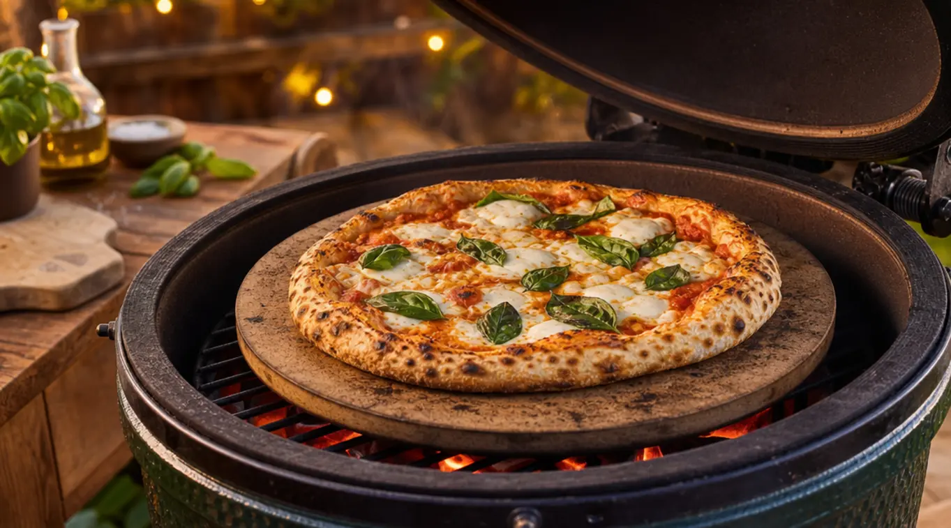 Pizza op de BBQ met steen Kamado